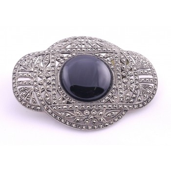 Silver Onyx & Marcasite Art Deco Style Brooch